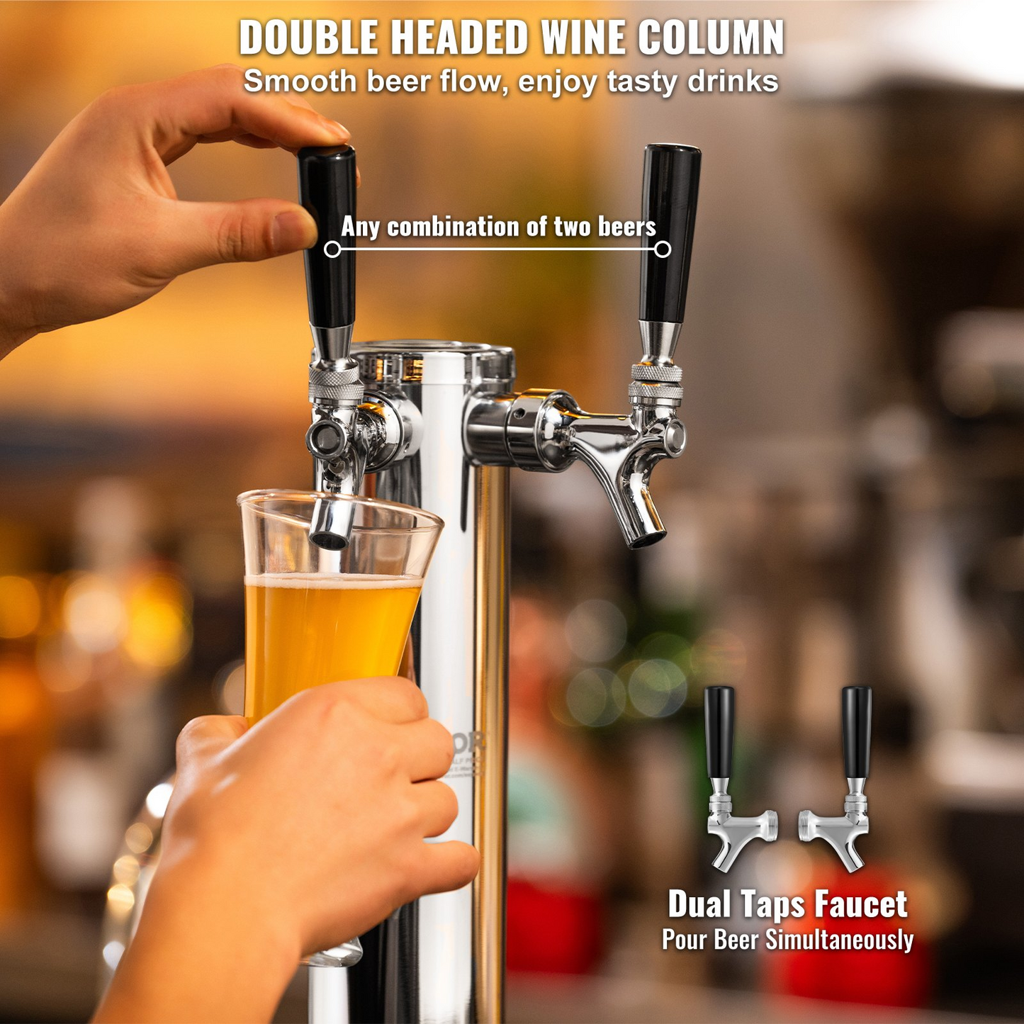 VEVOR Kegerator Tower Kit, Dual Taps Beer Conversion Kit, Stainless Steel Keg Beer Tower Dispenser with Dual Gauge CGA320 Regulator & D-System Keg Coupler, Beer Drip Tray for Party Home