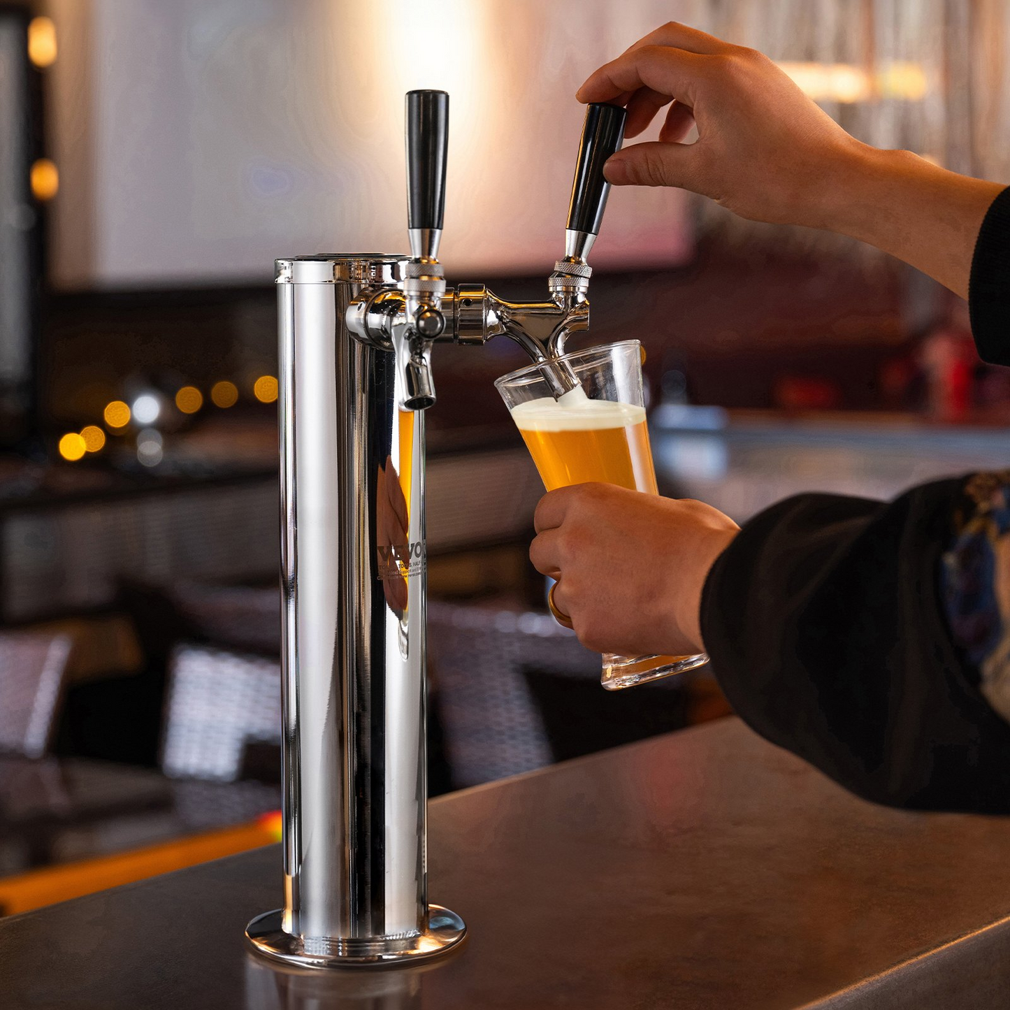 VEVOR Kegerator Tower Kit, Dual Taps Beer Conversion Kit, Stainless Steel Keg Beer Tower Dispenser with Dual Gauge CGA320 Regulator & D-System Keg Coupler, Self-Closing Spring for Party Bar Home