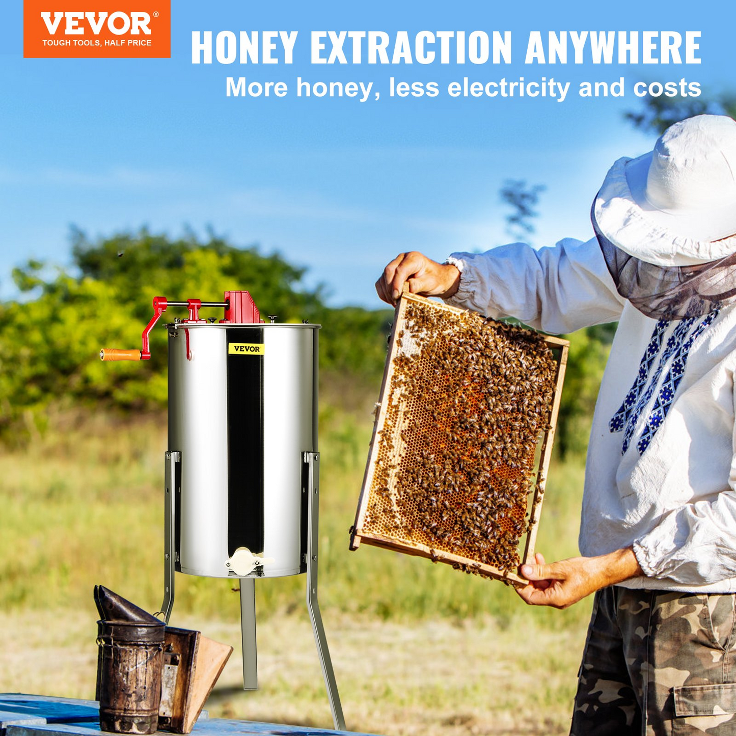 VEVOR Manual Honey Extractor, 2/4 Frames Honey Spinner Extractor, Stainless Steel Beekeeping Extraction, Honeycomb Drum Spinner with Lid, Apiary Centrifuge Equipment with Height Adjustable Stand