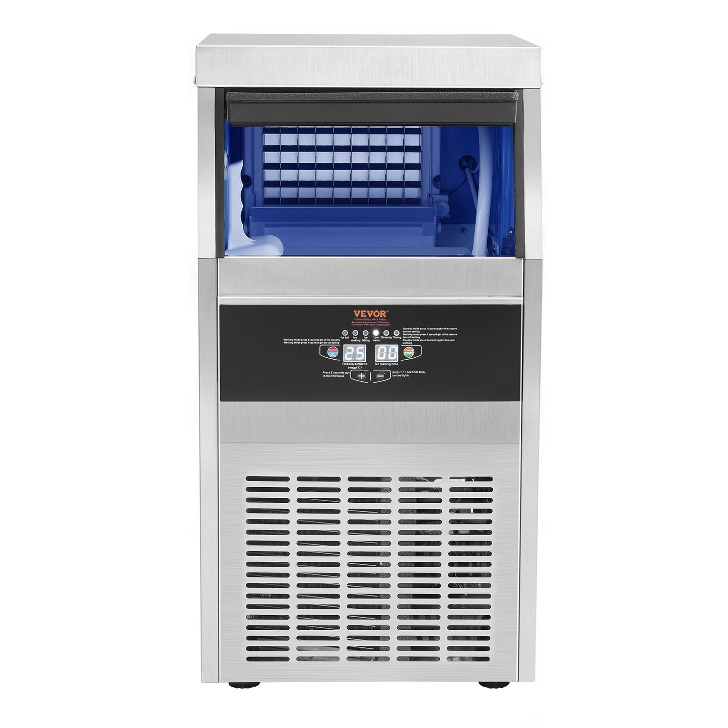 VEVOR 110V Commercial Ice Maker 65LBS/24H with 24LBS Bin, Full Heavy Duty Stainless Steel Construction, Automatic Operation, Clear Cube for Home Bar, Include Water Filter, Scoop, Connection Hose