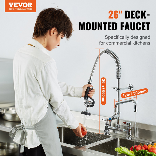 VEVOR Commercial Faucet with Pre-Rinse Sprayer, 26" Height, 8" Center, 12" Swing Spout, Deck Mount Kitchen Sink Faucet, Brass Constructed Device with Pull Down Spray, for 1/2/3 Compartment Sink