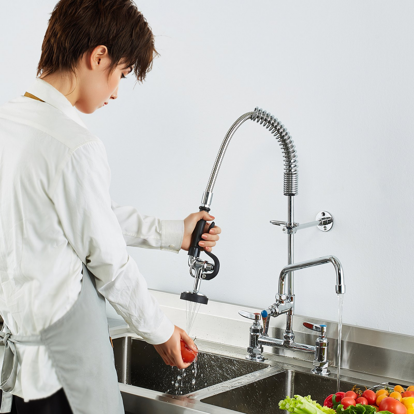 VEVOR Commercial Faucet with Pre-Rinse Sprayer, 26" Height, 8" Center, 12" Swing Spout, Deck Mount Kitchen Sink Faucet, Brass Constructed Device with Pull Down Spray, for 1/2/3 Compartment Sink