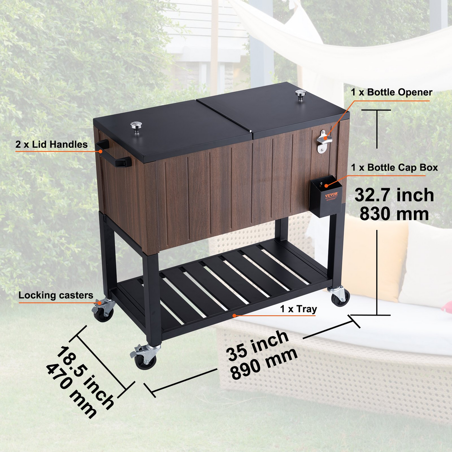 VEVOR Rolling Ice Chest Cooler Cart 80 Quart, Portable Bar Drink Cooler, Beverage Bar Stand Up Cooler with Wheels, Bottle Opener, Handles for Patio Backyard Party Pool, Wooden Teak Accent, Brown