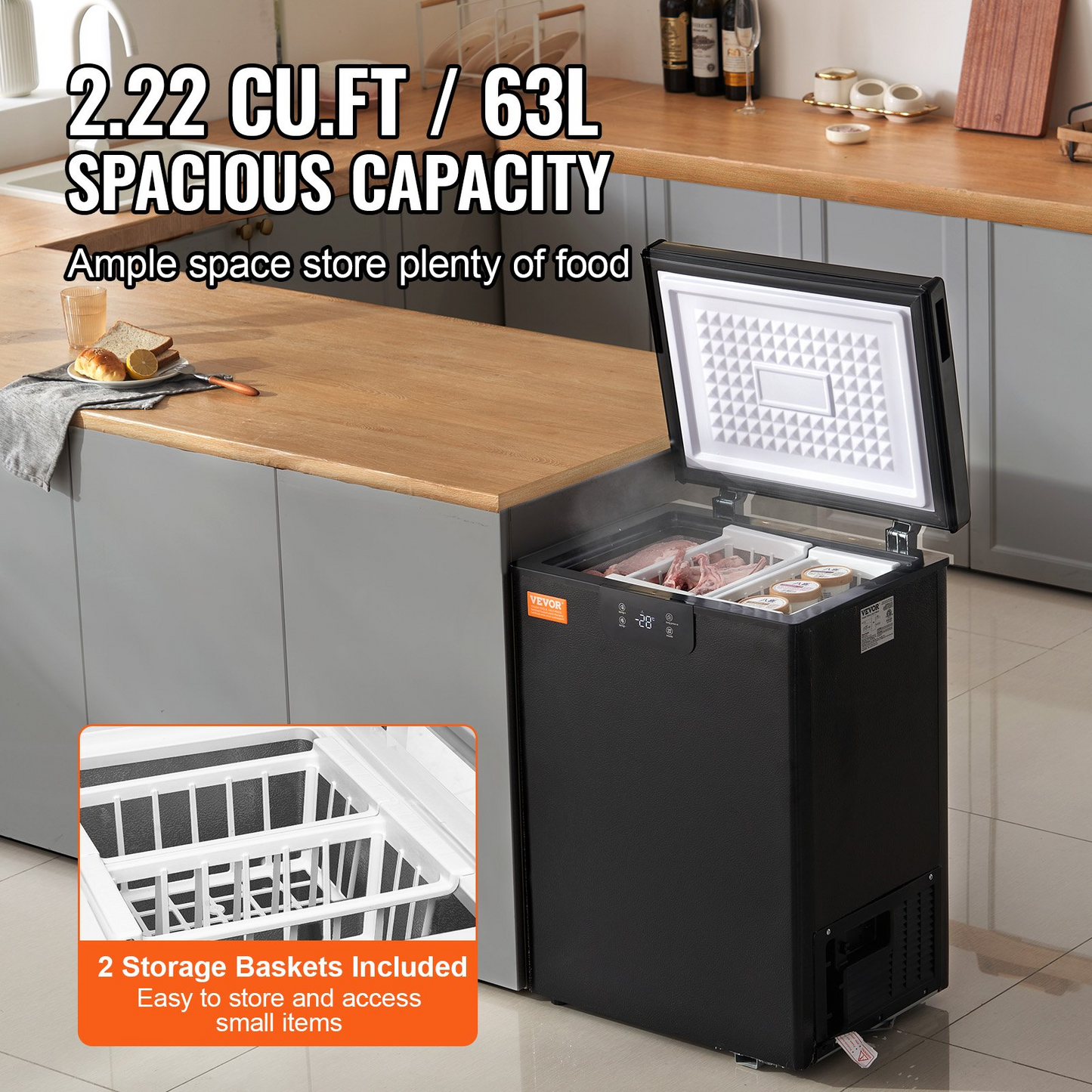 VEVOR Chest Freezer, 2.22 Cu.ft / 63 L Compact Deep Freezer, Free Standing Top Open Door Chest Freezers with 2 Removable Baskets & Adjustable Thermostat, Energy Saving & Low Noise, Black