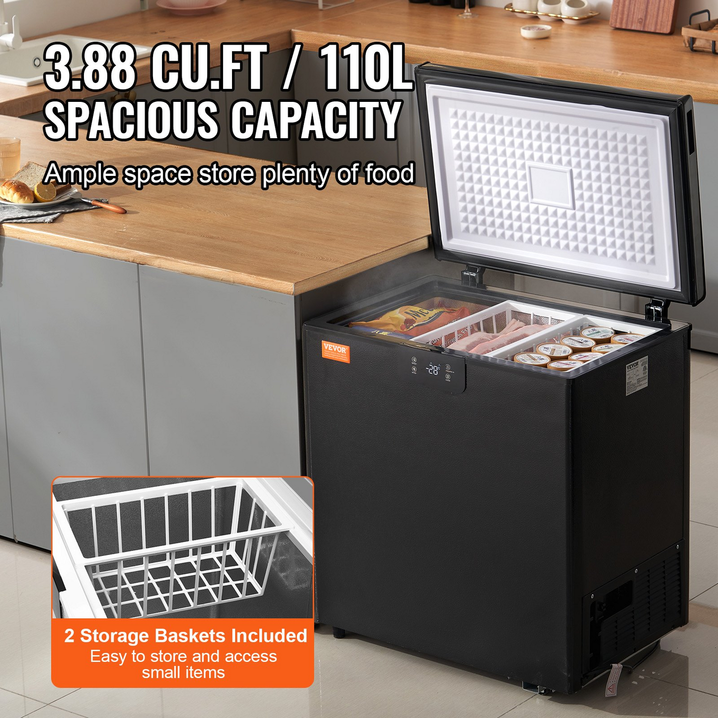 VEVOR Chest Freezer, 3.88 Cu.ft / 110 L Compact Deep Freezer, Free Standing Top Open Door Compact Freezers with 2 Removable Baskets & Adjustable Thermostat, Energy Saving & Low Noise, Black