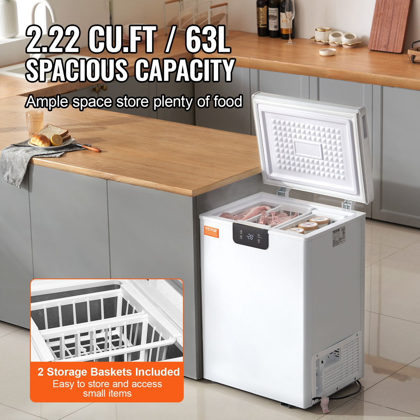 VEVOR Chest Freezer, 2.22 Cu.ft / 63 L Compact Deep Freezer, Free Standing Top Open Door Chest Freezers with 2 Removable Baskets & Adjustable Thermostat, Energy Saving & Low Noise, White