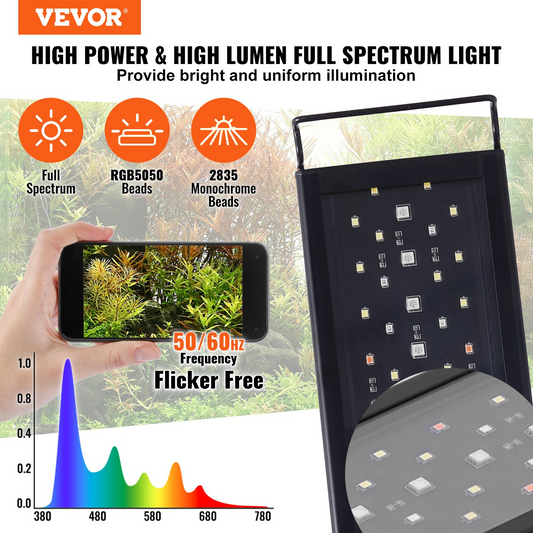 VEVOR Aquarium Light with LCD Monitor, 22W Full Spectrum Fish Tank Light with 24/7 Natural Mode, Adjustable Brightness & Timer - Aluminum Alloy Shell Extendable Brackets for 24"-30" Freshwater Tank