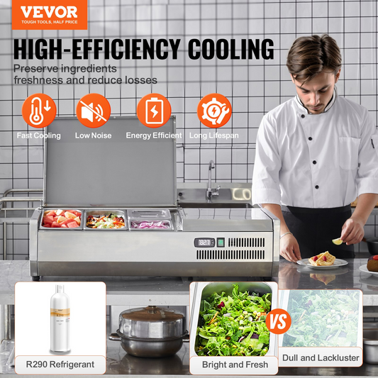VEVOR Refrigerated Condiment Prep Station, 130 W Countertop Refrigerated Condiment Station, with 1 1/3 Pan & 4 1/6 Pans, 304 Stainless Body and PC Lid, Sandwich Prep Table with Stainless Guard, ETL