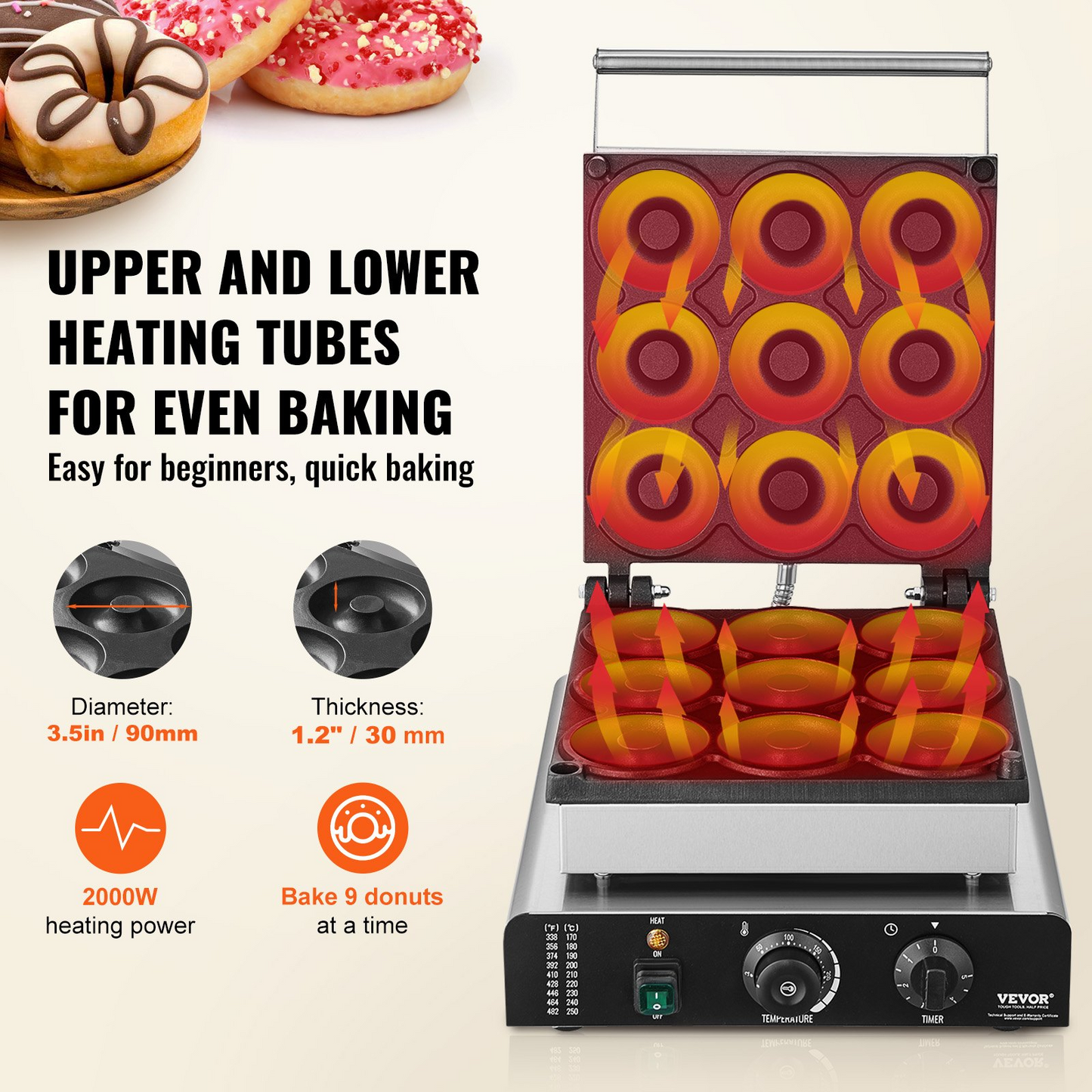 VEVOR Electric Donut Maker, 2000W Commercial Doughnut Machine with Non-stick Surface, 9 Holes Double-Sided Heating Waffle Machine Makes 9 Doughnuts, Temperature 122-572℉, for Restaurant and Home Use