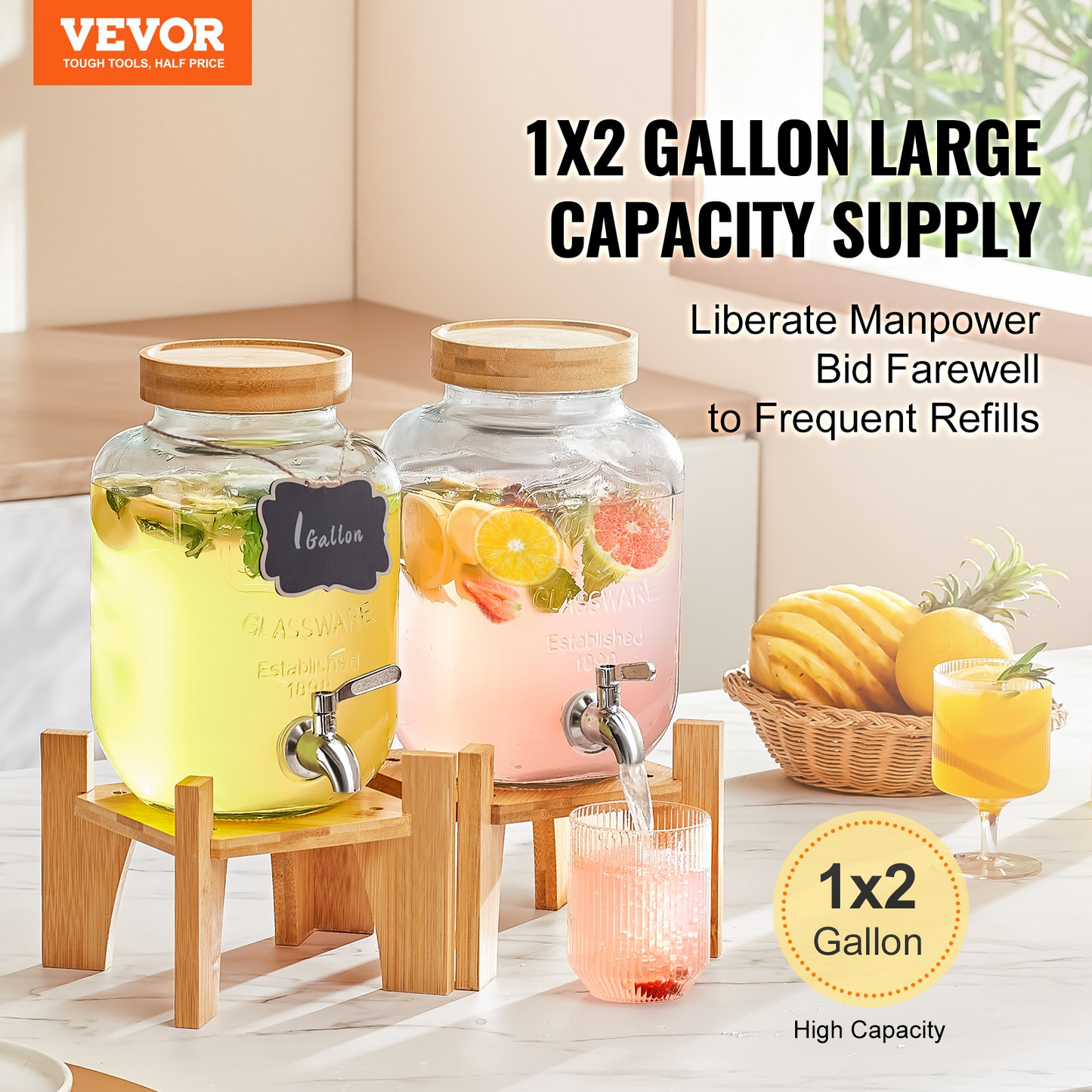 VEVOR Beverage Dispenser, 1 Gallon Drink Dispensers for Parties,2PC, Glass Juice Dispenser with Stand, Stainless Steel Spigot, Iced Tea Lemonade Juice Water Dispenser, for Restaurants, Hotels, Parties