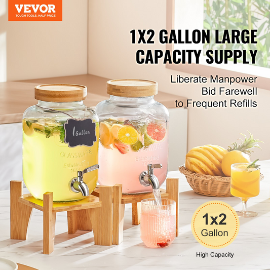 VEVOR Beverage Dispenser, 1 Gallon Drink Dispensers for Parties,2PC, Glass Juice Dispenser with Stand, Stainless Steel Spigot, Iced Tea Lemonade Juice Water Dispenser, for Restaurants, Hotels, Parties