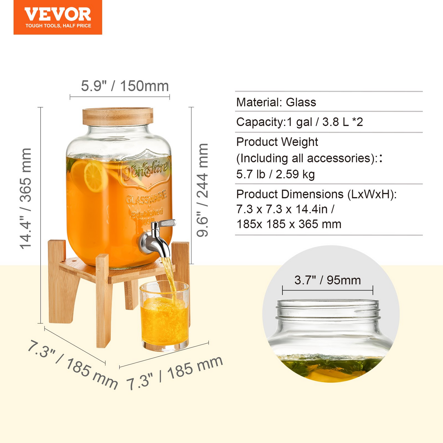 VEVOR Beverage Dispenser, 1 Gallon Drink Dispensers for Parties,2PC, Glass Juice Dispenser with Stand, Stainless Steel Spigot, Iced Tea Lemonade Juice Water Dispenser, for Restaurants, Hotels, Parties