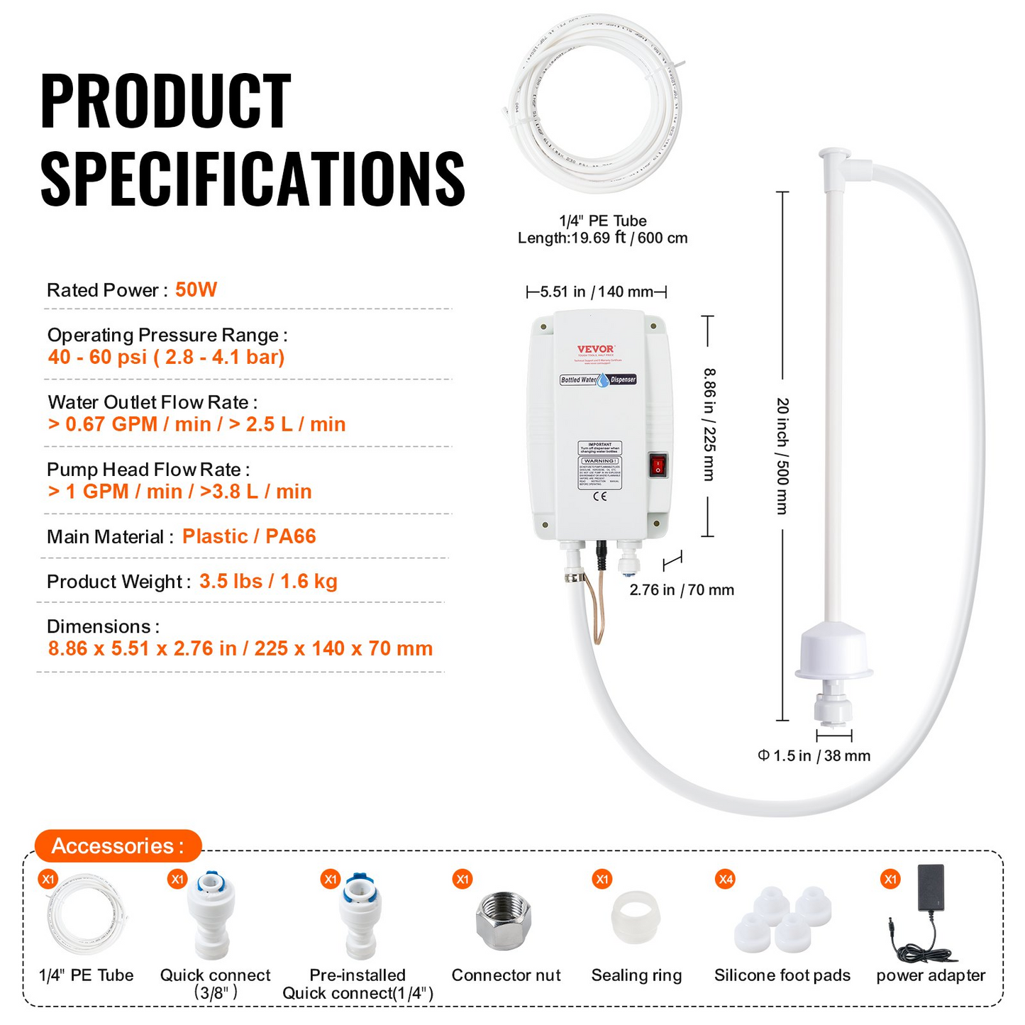 VEVOR Bottled Water Dispenser Pump System , 110V 20ft US Plug High Flow Bottled Water Pump with Single Inlet , Water Dispenser Pump Compatible Use with Coffee/Tea Machines, Ice Makers