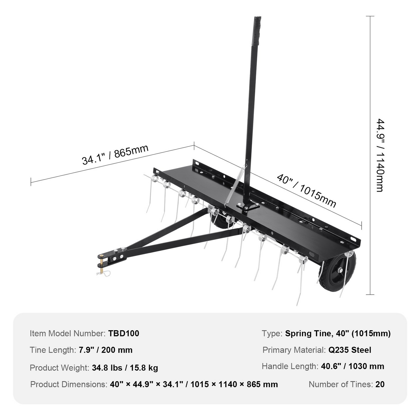 VEVOR Tow Behind Dethatcher, 40-inch Tow Dethatcher with 20 Spring Steel Tines, Lawn Dethatcher Rake for ATV or Mower, Tow Behind Lawn Rake with Lift Handle for Garden Farm Grass
