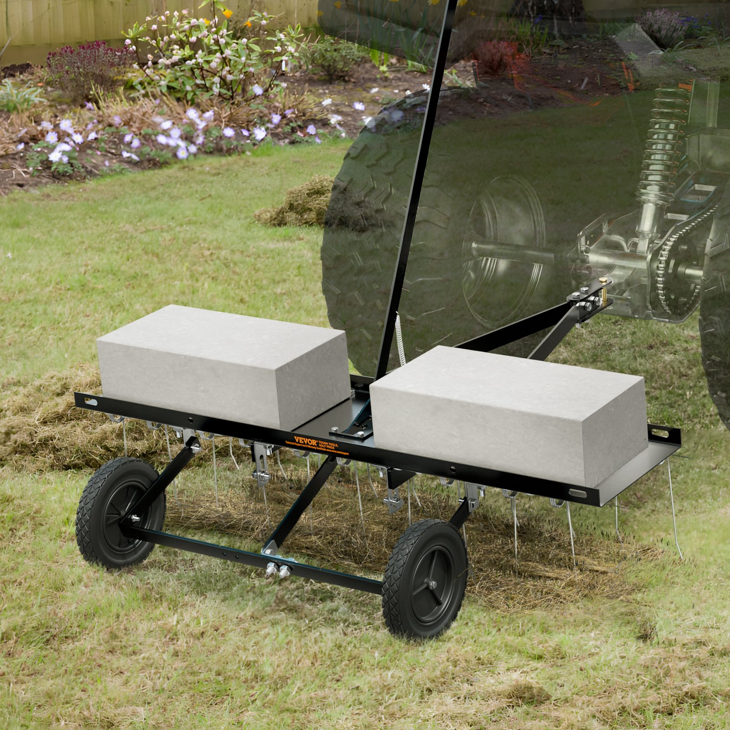 VEVOR Tow Behind Dethatcher, 40-inch Tow Dethatcher with 20 Spring Steel Tines, Lawn Dethatcher Rake for ATV or Mower, Tow Behind Lawn Rake with Lift Handle for Garden Farm Grass