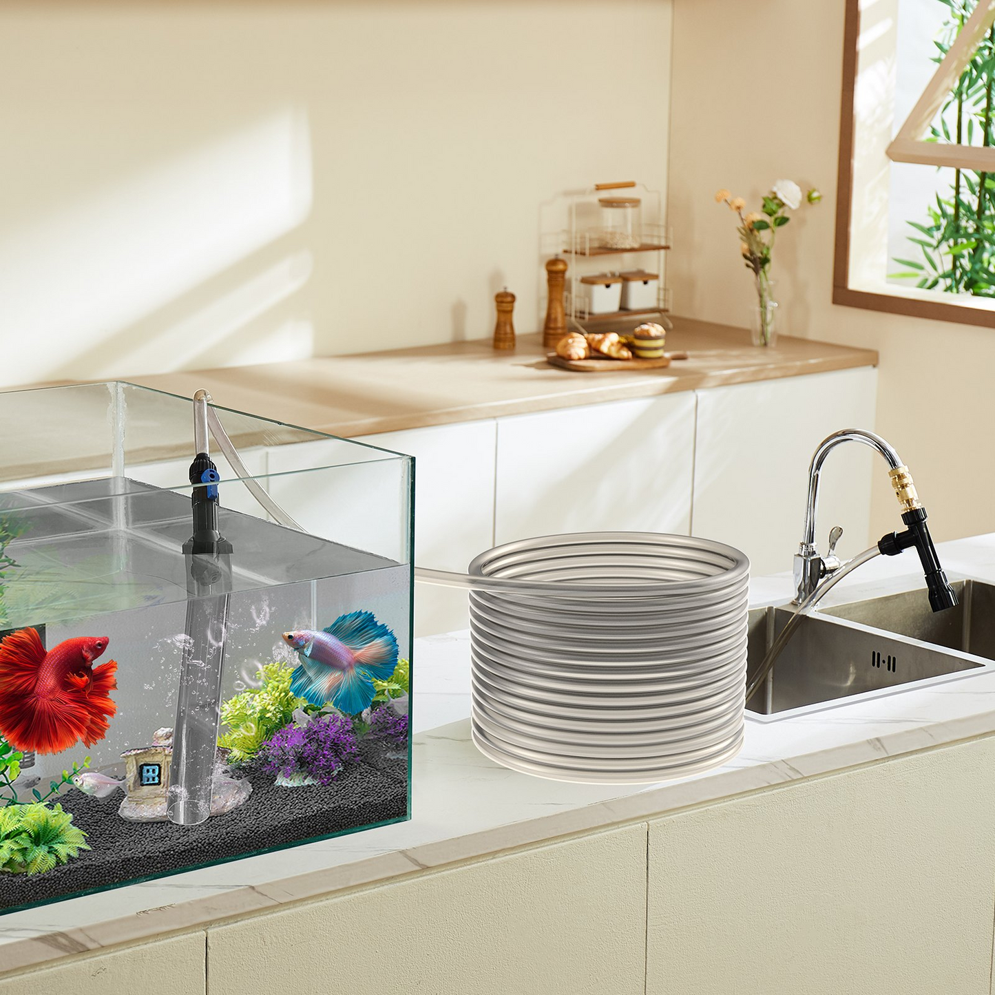 VEVOR Aquarium Vacuum Gravel Cleaner, 30ft PVC Hose Fish Tank Vacuum Gravel Cleaner, Siphon Fish Tank Cleaner Vacuum, 3 Types of Brass Adapters, for Fish Tank Cleaning Gravel & Sand
