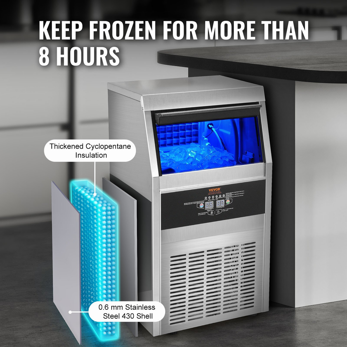 VEVOR 110V Commercial Ice Maker 65LBS/24H with 24LBS Bin, Full Heavy Duty Stainless Steel Construction, Automatic Operation, Clear Cube for Home Bar, Include Water Filter, Scoop, Connection Hose