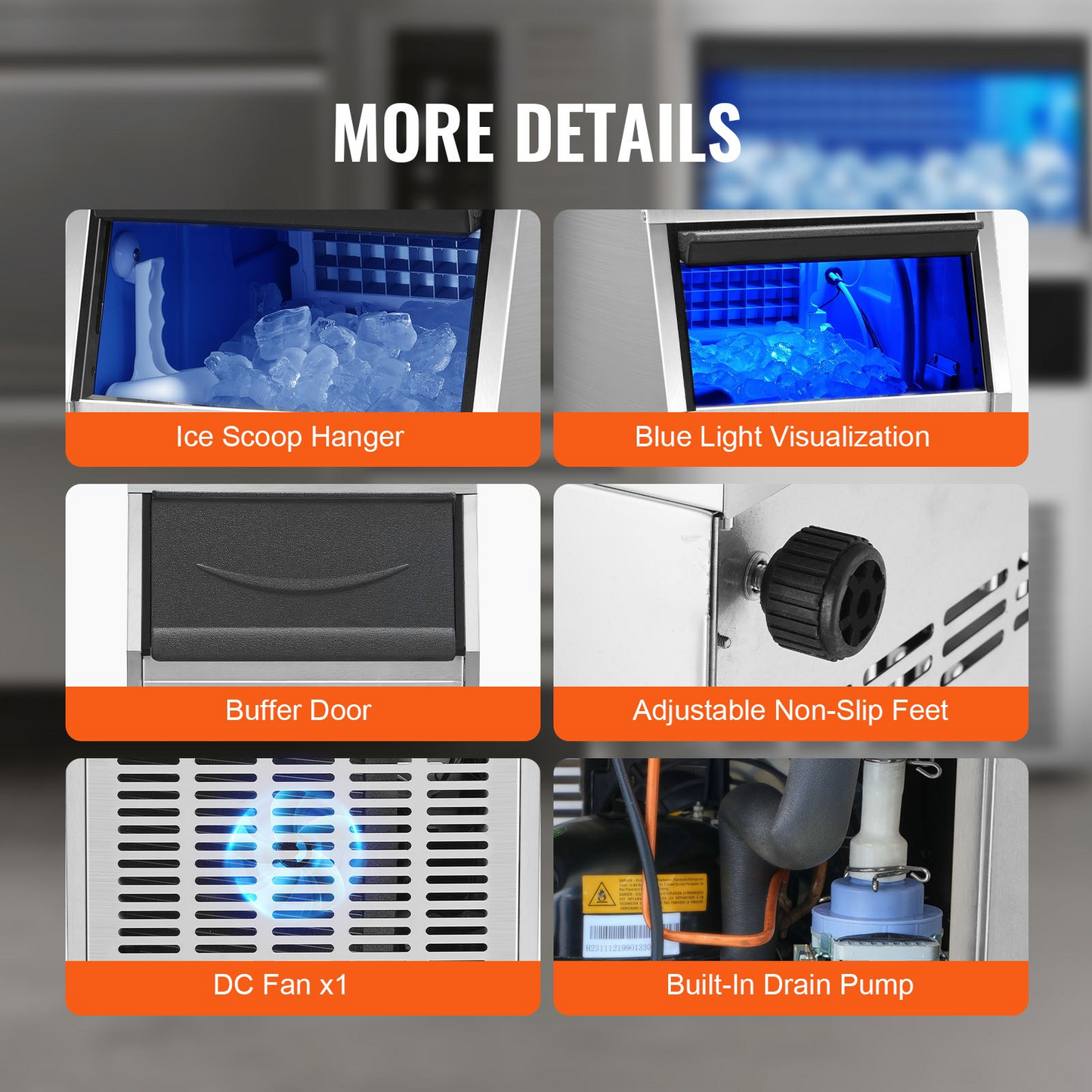VEVOR 110V Commercial Ice Maker 65LBS/24H with 24LBS Bin, Full Heavy Duty Stainless Steel Construction, Automatic Operation, Clear Cube for Home Bar, Include Water Filter, Scoop, Connection Hose