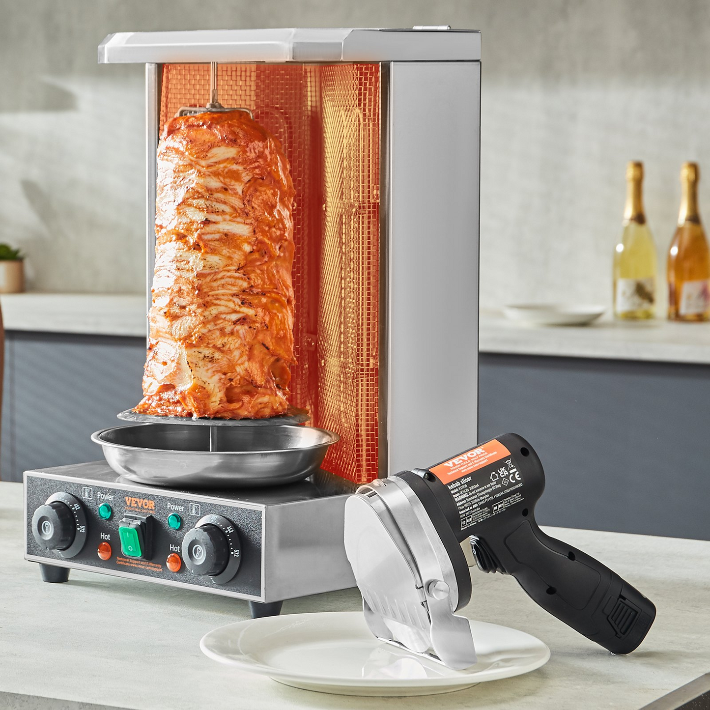 VEVOR Electric Shawarma Knife, 80W Cordless Battery Professional Turkish Knife, Commercial Stainless Steel Gyro Cutter, Doner Kebab Meat Slicer with 2 Blades, Φ4"/100mm, 0-8mm Adjustable Thickness