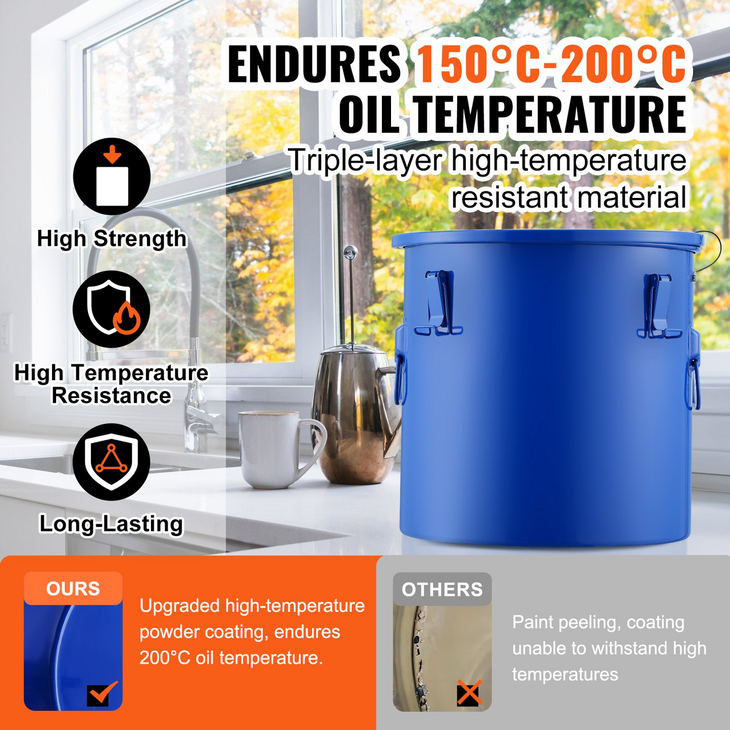VEVOR Fryer Grease Bucket, 10 Gal Oil Disposal Caddy Carbon Steel Fryer Oil Bucket with Rust-Proof Coating, Oil Transport Container with Lid, Lock Clips, Filter Bag for Hot Cooking Oil Filtering, Blue