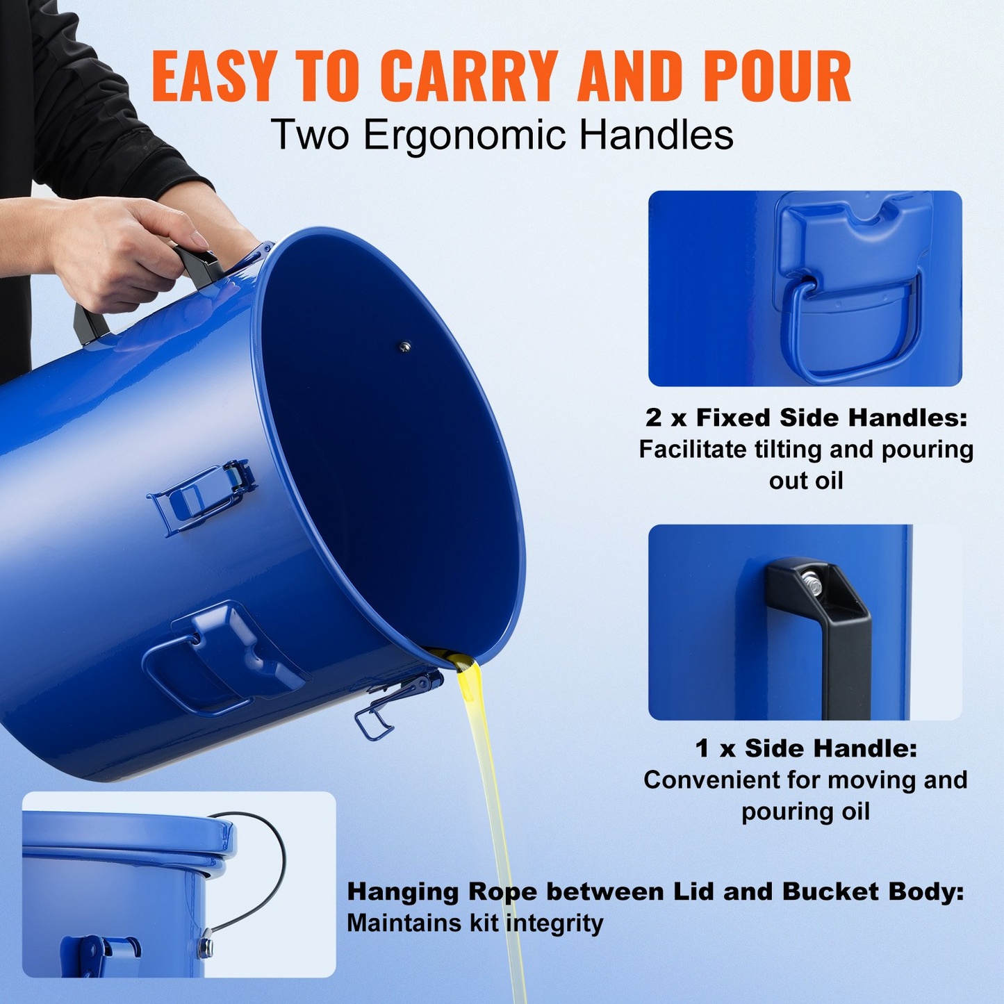 VEVOR Fryer Grease Bucket, 10 Gal Oil Disposal Caddy Carbon Steel Fryer Oil Bucket with Rust-Proof Coating, Oil Transport Container with Lid, Lock Clips, Filter Bag for Hot Cooking Oil Filtering, Blue
