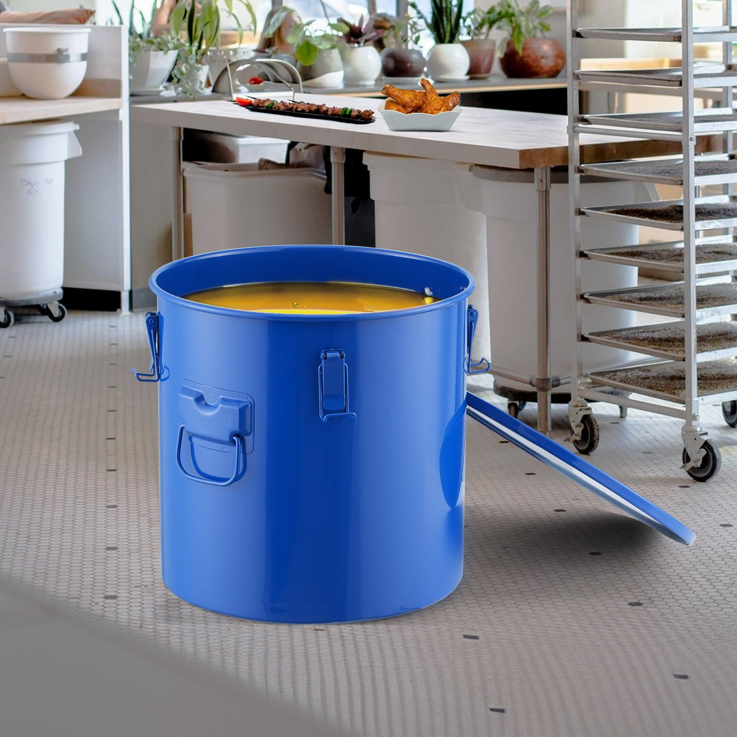 VEVOR Fryer Grease Bucket, 10 Gal Oil Disposal Caddy Carbon Steel Fryer Oil Bucket with Rust-Proof Coating, Oil Transport Container with Lid, Lock Clips, Filter Bag for Hot Cooking Oil Filtering, Blue