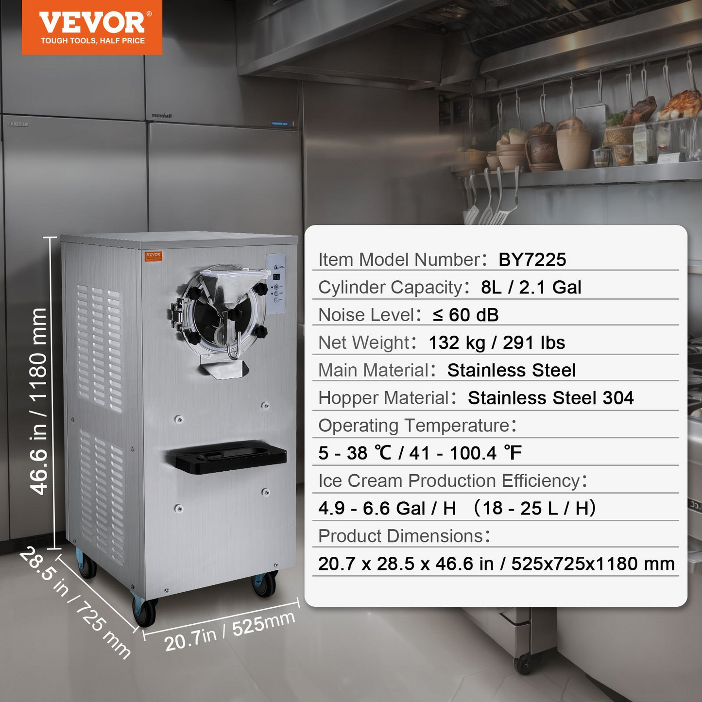 VEVOR Commercial Ice Cream Machine, 20-25L/H Yield, 2400W 1-Flavor Hard Serve Ice Cream Maker, 8L Stainless Steel Cylinder, Digital Display Auto Clean Adjustable Hardness, for Restaurant Snack Bars