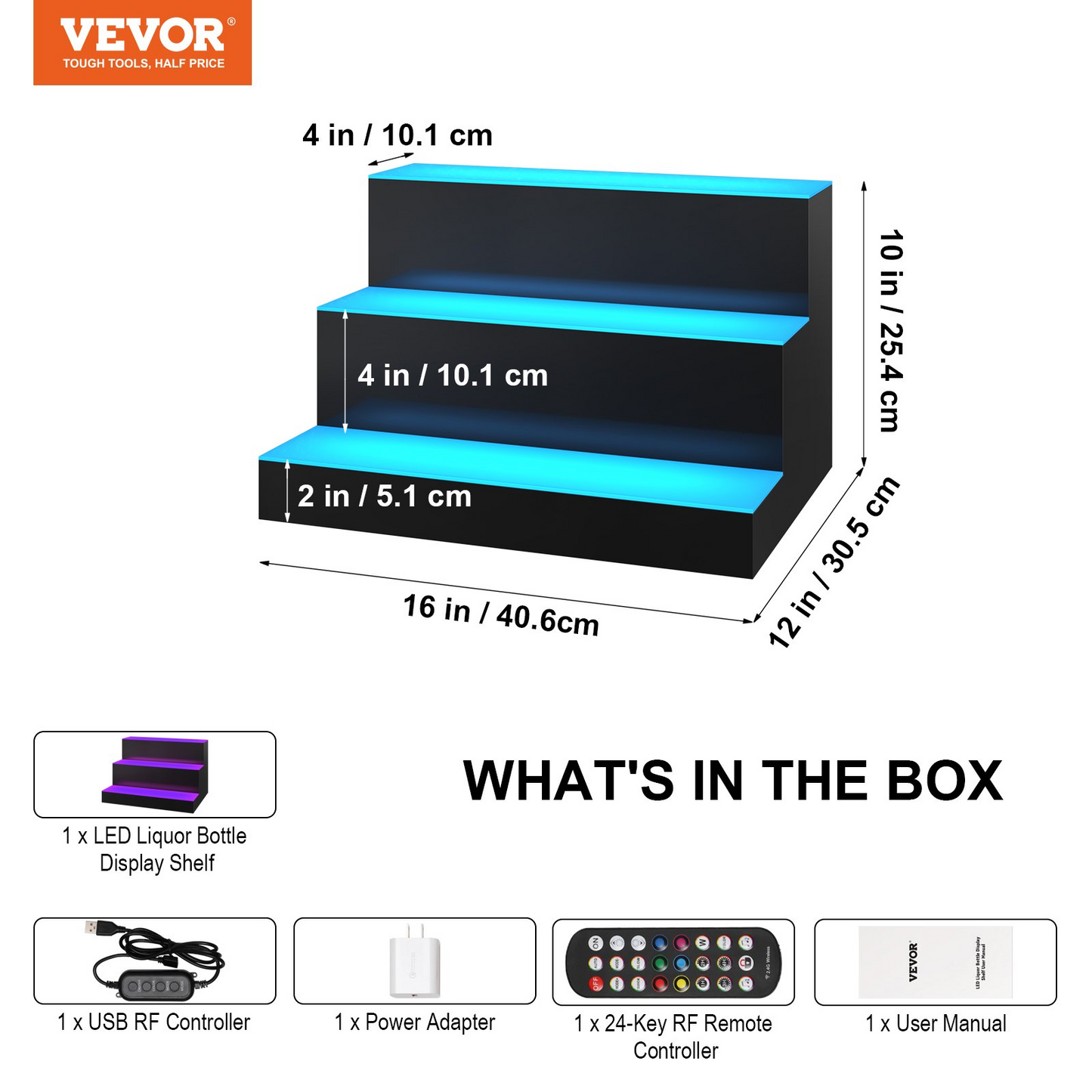 VEVOR LED Lighted Liquor Bottle Display Bar Shelf RF & App Control 16" 3-Step