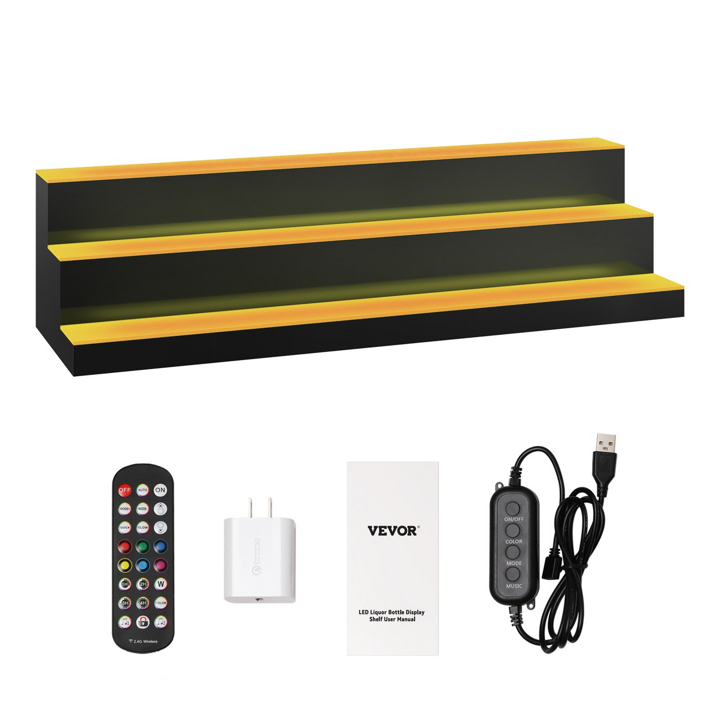 VEVOR LED Lighted Liquor Bottle Display, 3 Tiers 40 Inches, Illuminated Home Bar Shelf with RF Remote & App Control 7 Static Colors 1-4 H Timing, Acrylic Drinks Lighting Shelf for Holding 30 Bottles