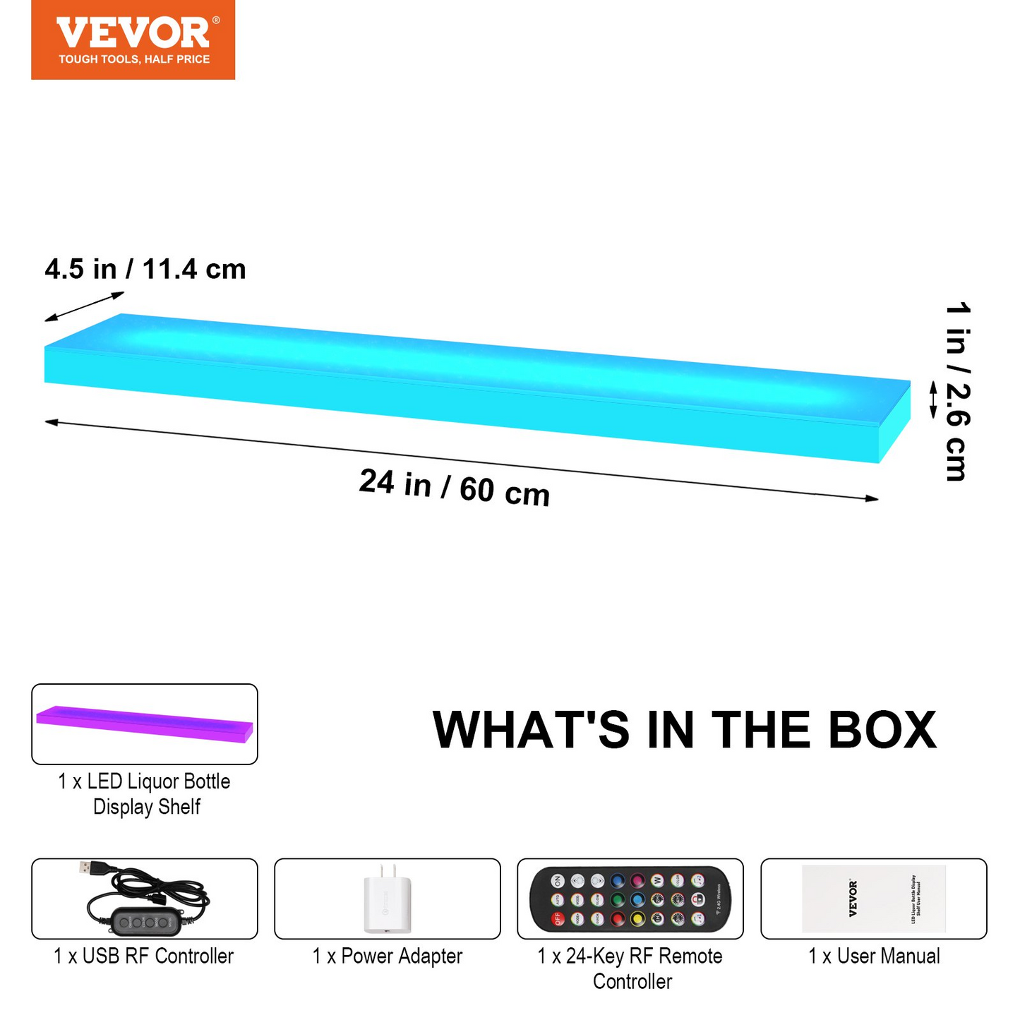 VEVOR LED Lighted Liquor Bottle Display Bar Shelf RF & App Control 24" 1-Step