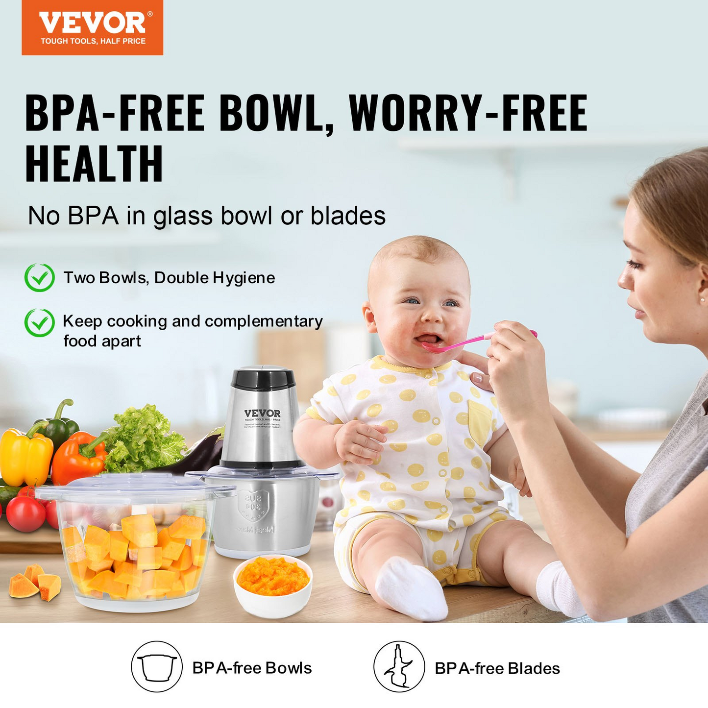 VEVOR Food Processor, Electric Meat Grinder with 4-Wing Stainless Steel Blades, 8 Cup+5 Cup Two Bowls, 400W Electric Food Chopper, 2 Speeds Food Grinder for Baby Food, Meat, Onion, Vegetables