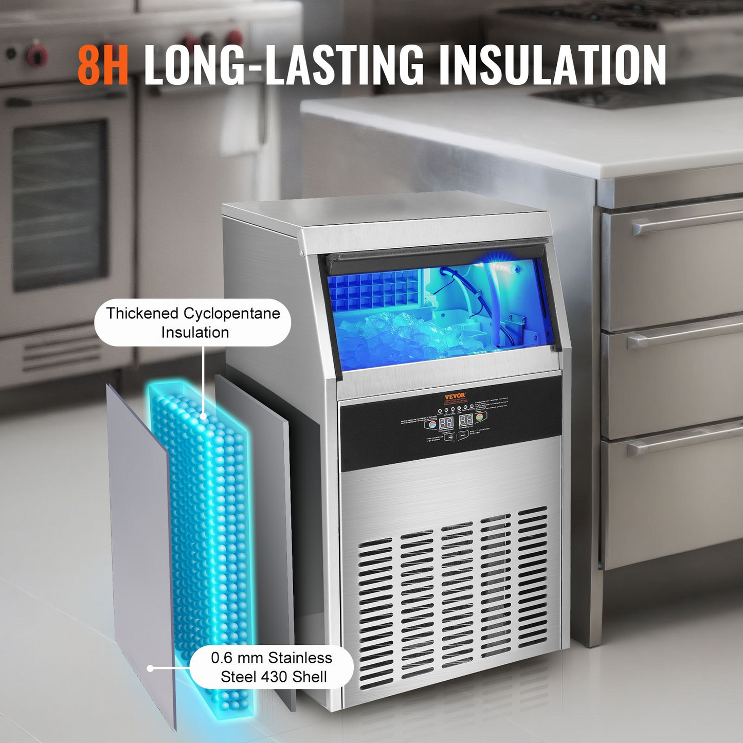 VEVOR Commercial Ice Maker, 110lbs/24H, Ice Maker Machine, 60 Ice Cubes in 12-15 Minutes, Freestanding Cabinet Ice Maker with 33lbs Storage Capacity LED Digital Display, for Bar Home Office Restaurant