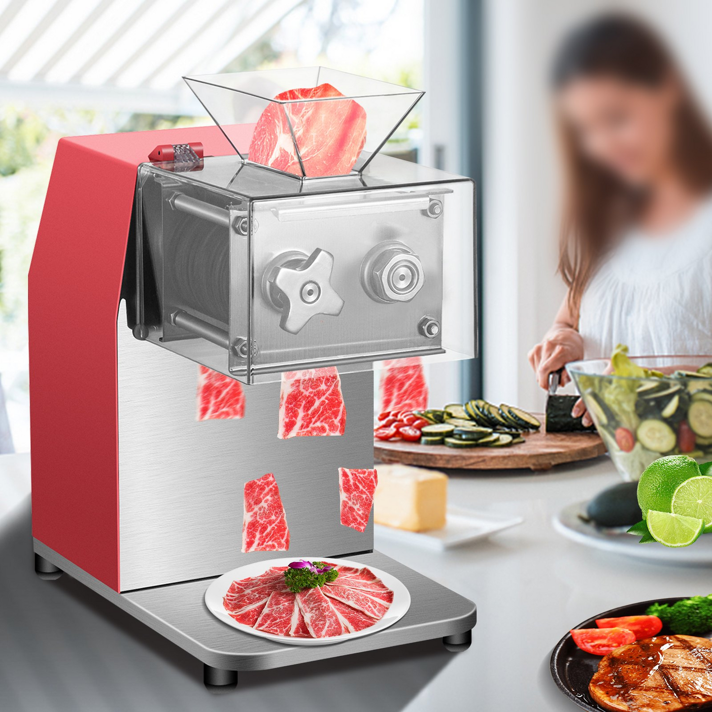 VEVOR Commercial Meat Cutting Machine, 551 Lbs/H 850W Meat Shredding Machine, 3.5mm Blade Electric Meat Cutter, Stainless Steel Restaurant Food Cutter, for Kitchen Supermarket Lamb Beef Chicken, Red