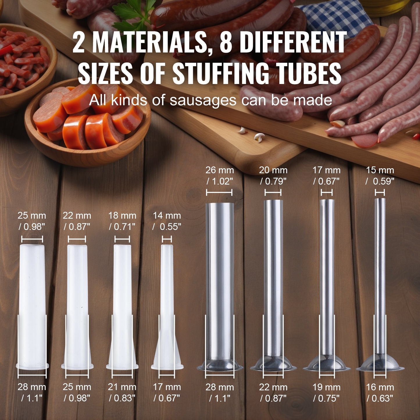 VEVOR Manual Sausage Stuffer, 2.5 L / 6 LBS Horizontal Sausage Machine with U-type Clamp, Made of Food-Grade Stainless Steel, Includes 8 Stuffing Tubes, for Home Kitchen Restaurant Commercial