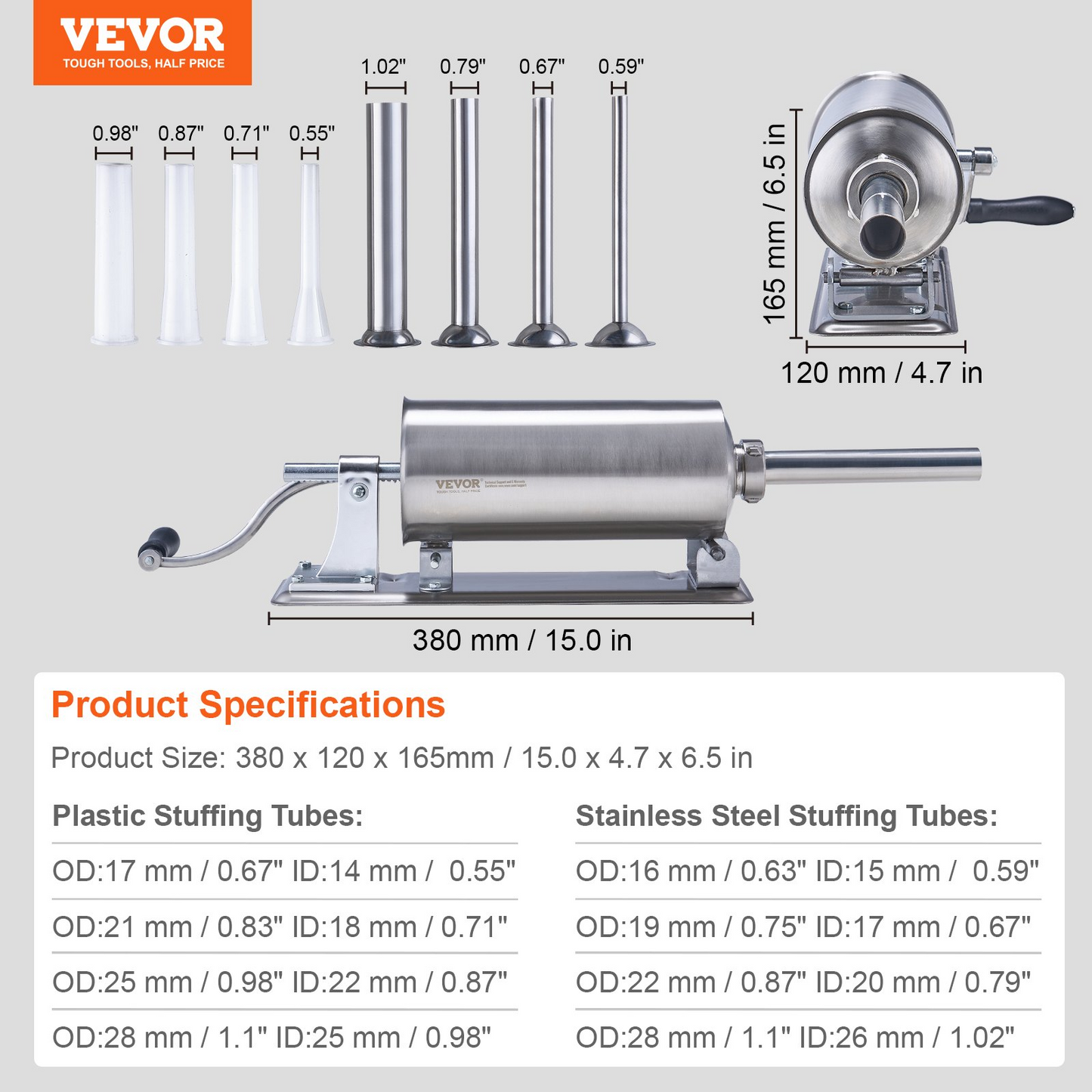 VEVOR Manual Sausage Stuffer, 2.5 L / 6 LBS Horizontal Sausage Machine with U-type Clamp, Made of Food-Grade Stainless Steel, Includes 8 Stuffing Tubes, for Home Kitchen Restaurant Commercial