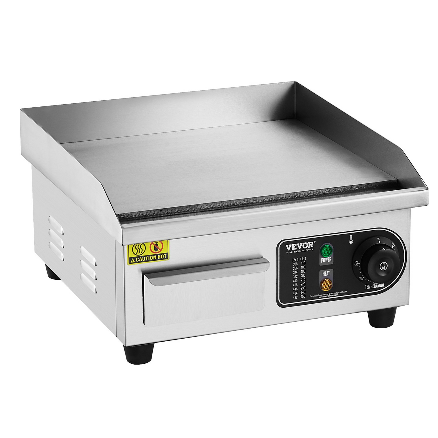 VEVOR Commercial Electric Griddle, 1700W Countertop Flat Top Grill, 122℉-572 ℉ Adjustable Temp, 14.17 x 11.81 x 0.39in Stainless Steel Griddle Grill with 2 Shovels and 2 Brushes for Home or Restaurant