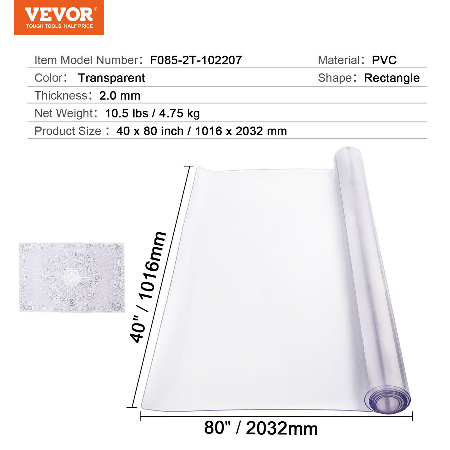 VEVOR PVC Table Protector 40x80 Inch Clear Plastic Desk Protector 2.0mm Thick