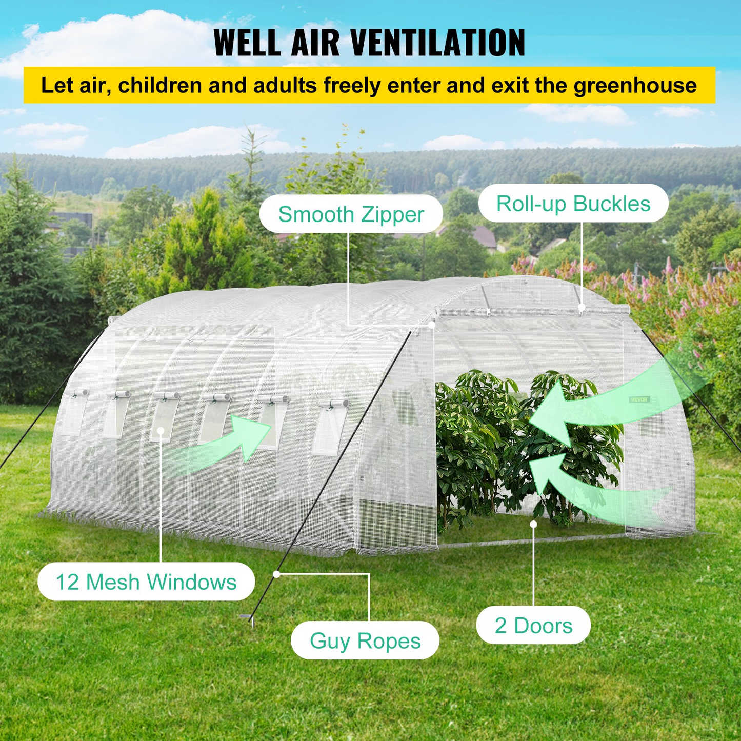VEVOR Walk-in Tunnel Greenhouse, 20 x 10 x 7 ft Portable Plant Hot House w/ Galvanized Steel Hoops, 3 Top Beams, Diagonal Poles, 2 Zippered Doors & 12 Roll-up Windows, White