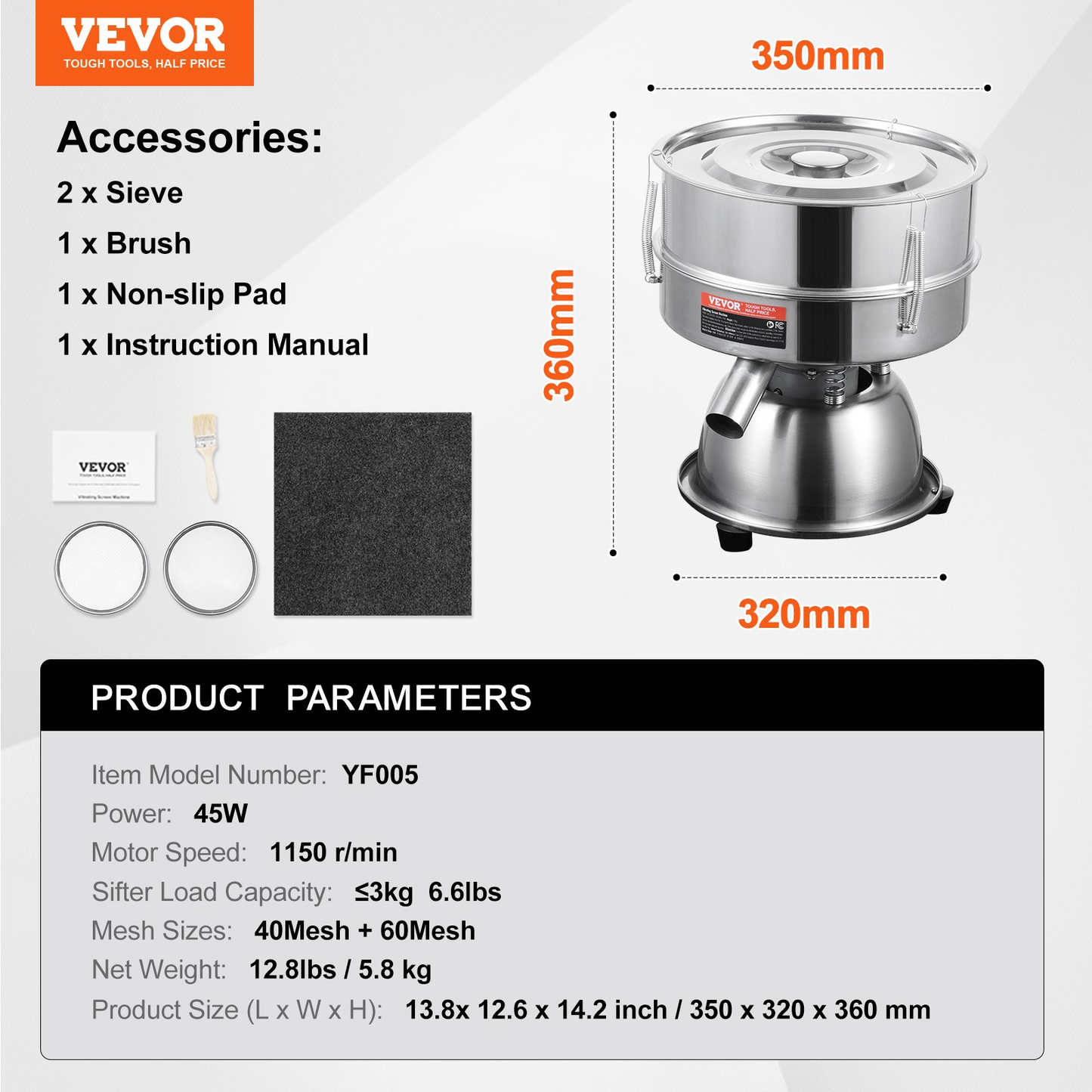VEVOR Electric Vibrating Sieve Machine with 40+60 Mesh Automatic Sifter Shaker