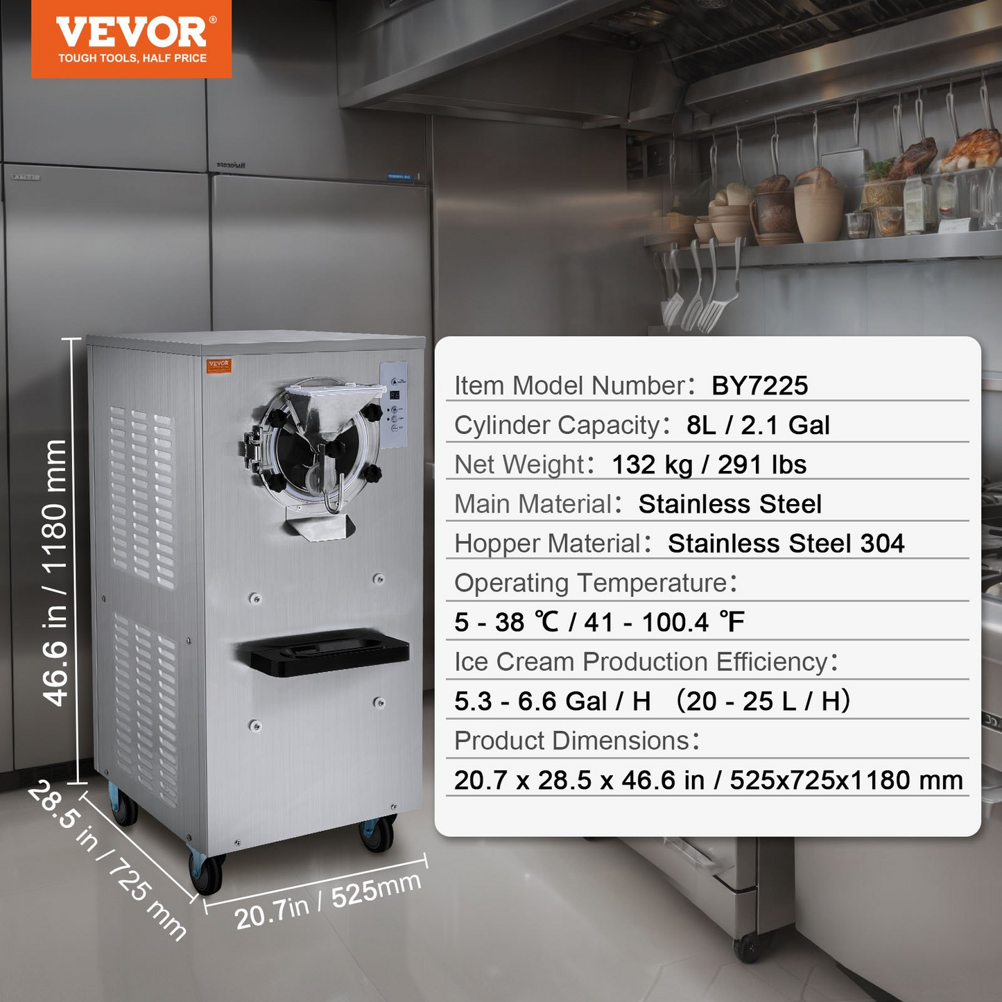 VEVOR Commercial Ice Cream Machine, 20-25L/H Yield, 2400W 1-Flavor Hard Serve Ice Cream Maker, 8L Stainless Steel Cylinder, Digital Display Auto Clean Adjustable Hardness, for Restaurant Snack Bars
