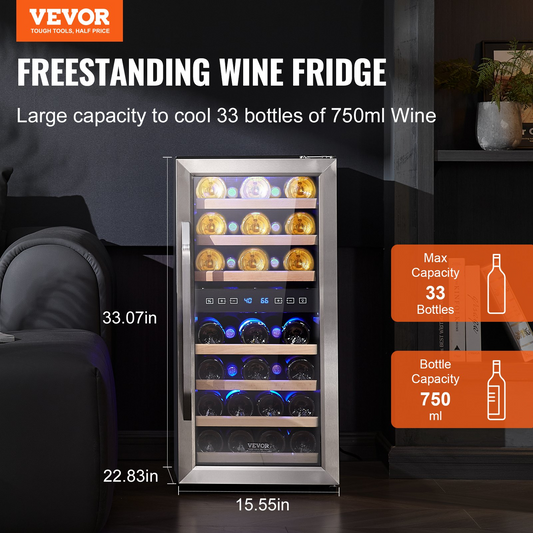 VEVOR 33-Bottle Wine Cooler Dual Zone Freestanding Refrigerator with LED Light