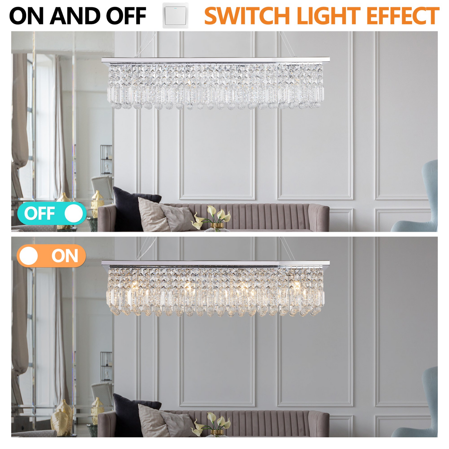 Modern Crystal Chandelier for Dining Room 8-Light White Rectangle Raindrop Chandelier Contemporary Rectangular Pendant Light Fixture for Kitchen Island Bar L39.4'' x W9.8'' x H8.7'(Bulb Not Included)