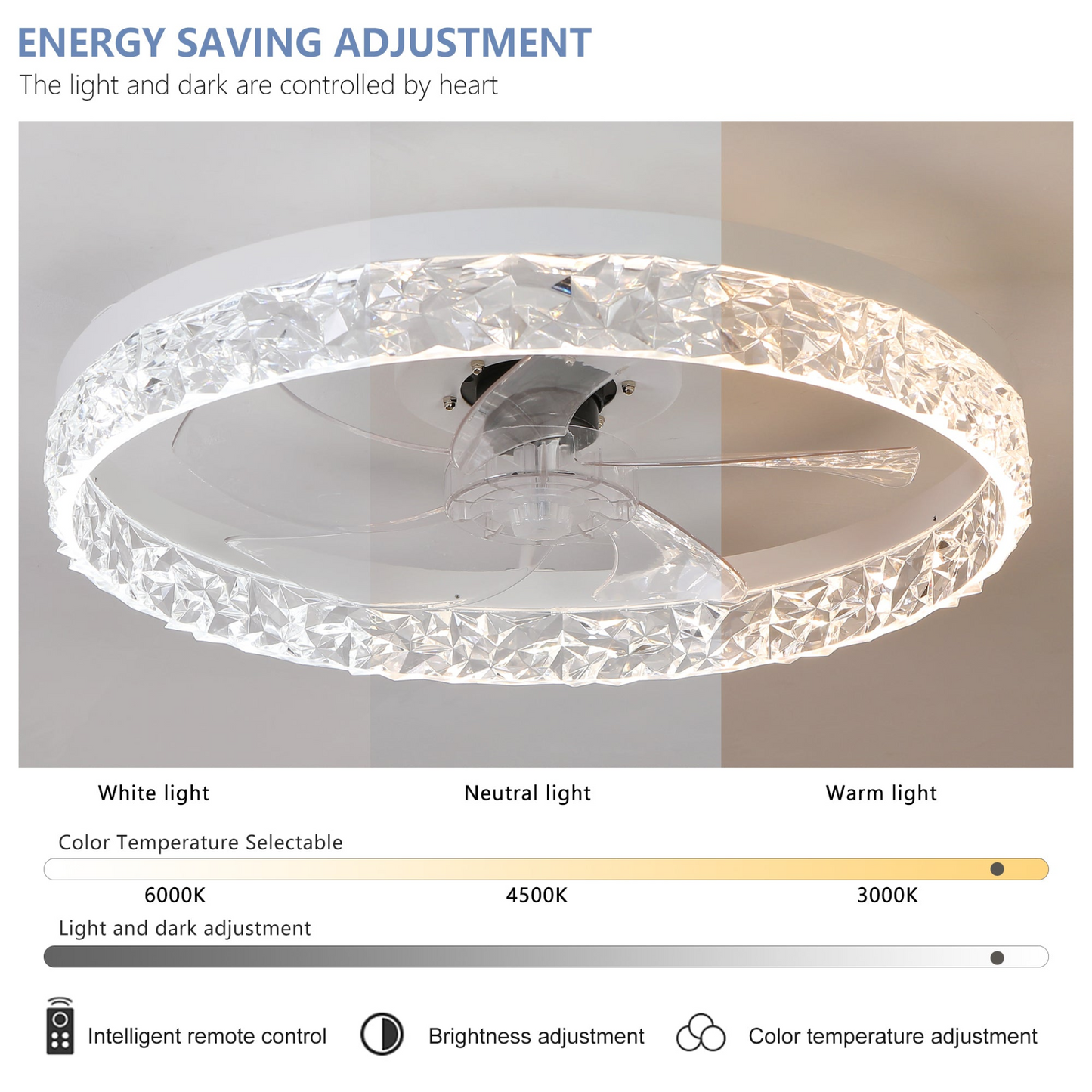 Modern Acrylic Ceiling Fan Light with Remote Control, Dimmable LED Chandelier, 6-Speed Adjustable, Quiet Motor, Flush Mount Design for Living Room, Bedroom, Dining Room