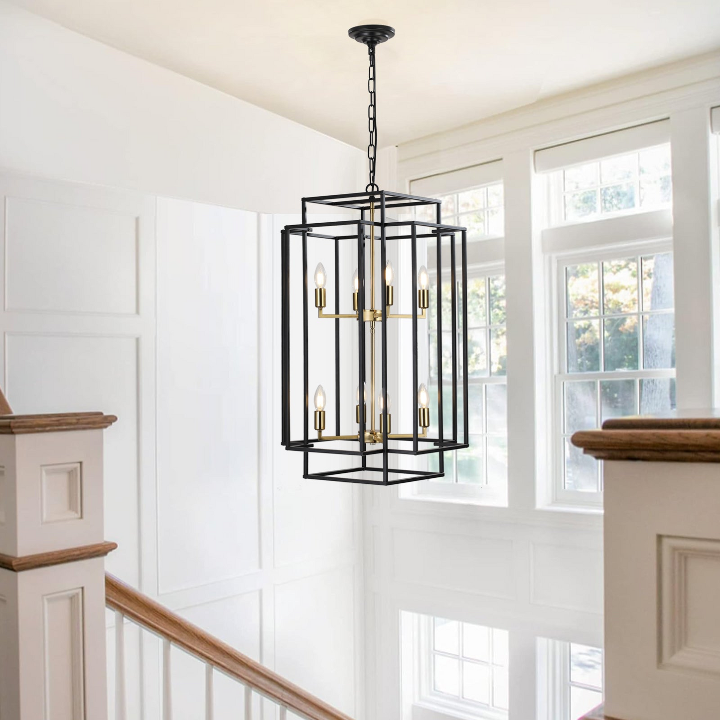 8-Lights Black & Gold Lantern Tiered Pendant Light Fixtures, Industrial Farmhouse Hanging Chandelier (No Bulbs)
