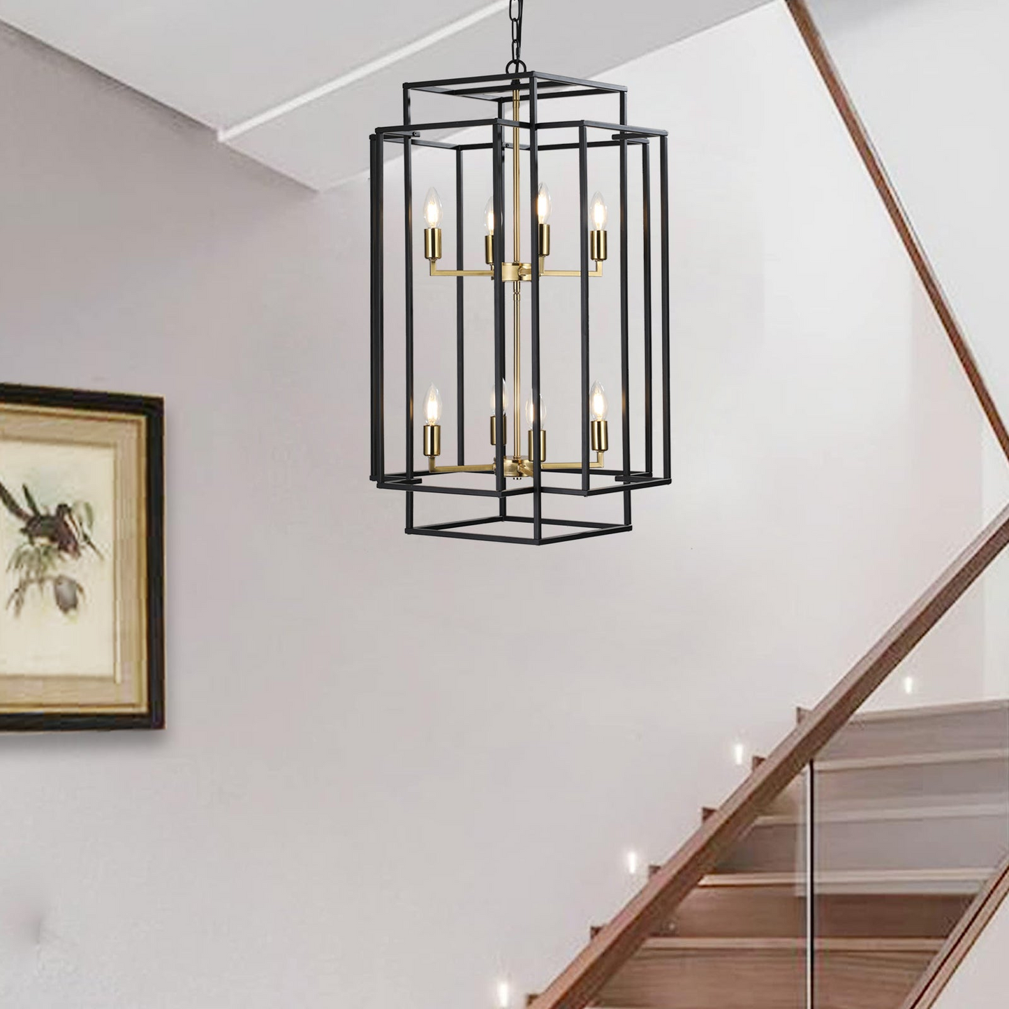 8-Lights Black & Gold Lantern Tiered Pendant Light Fixtures, Industrial Farmhouse Hanging Chandelier (No Bulbs)