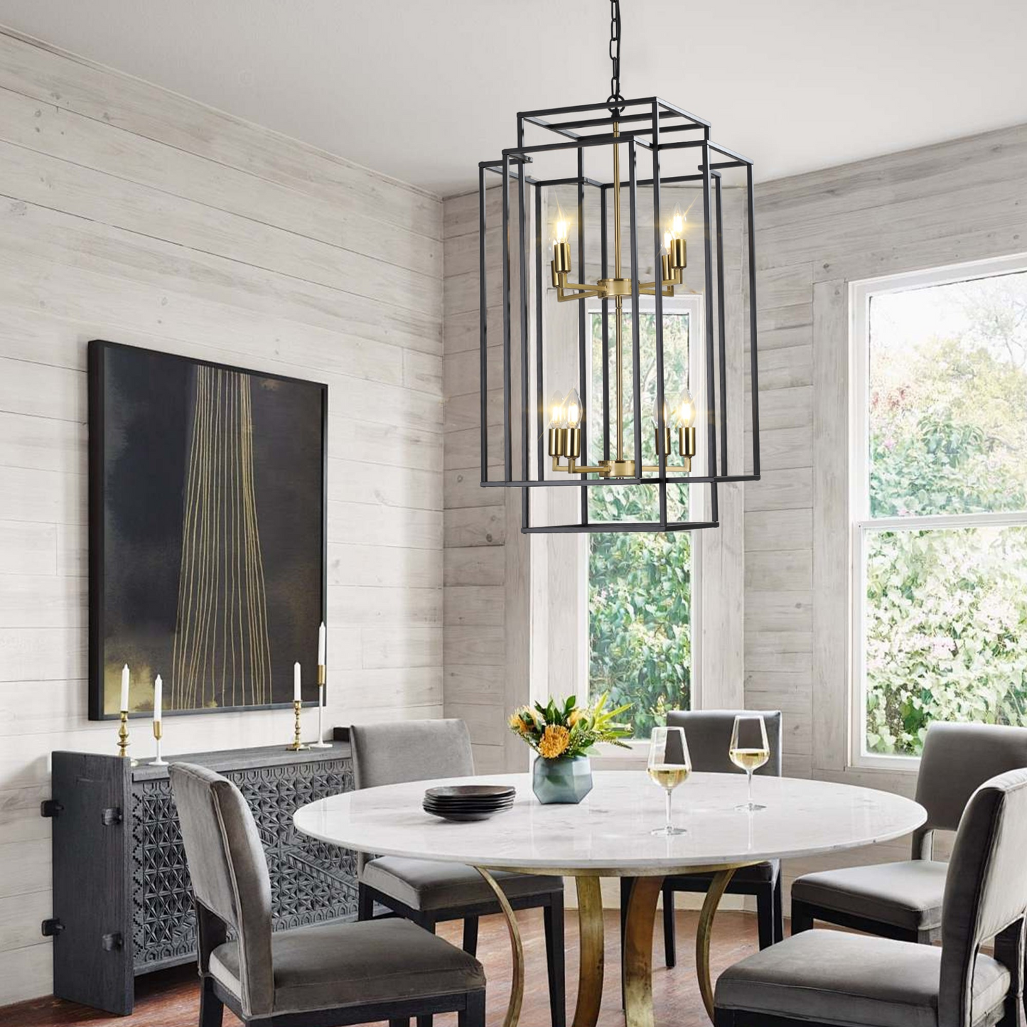 8-Lights Black & Gold Lantern Tiered Pendant Light Fixtures, Industrial Farmhouse Hanging Chandelier (No Bulbs)