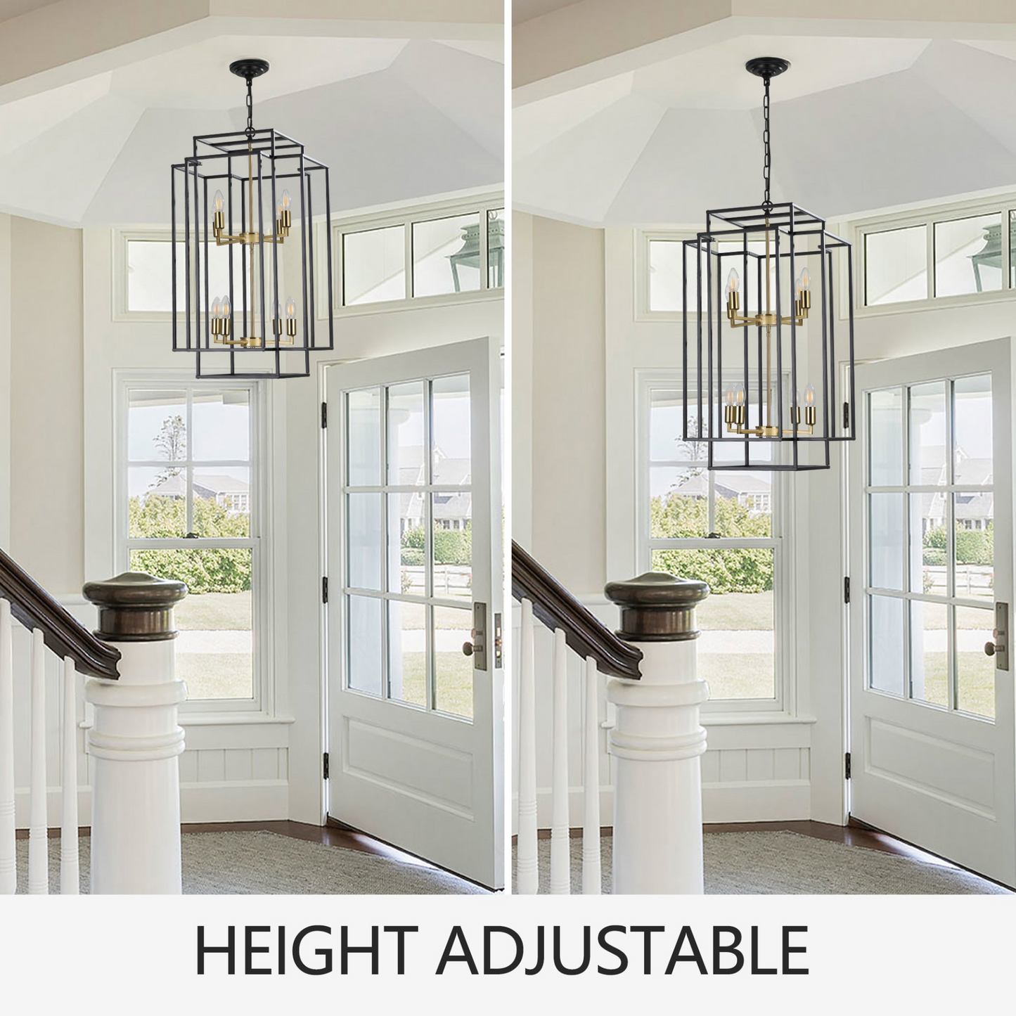 8-Lights Black & Gold Lantern Tiered Pendant Light Fixtures, Industrial Farmhouse Hanging Chandelier (No Bulbs)