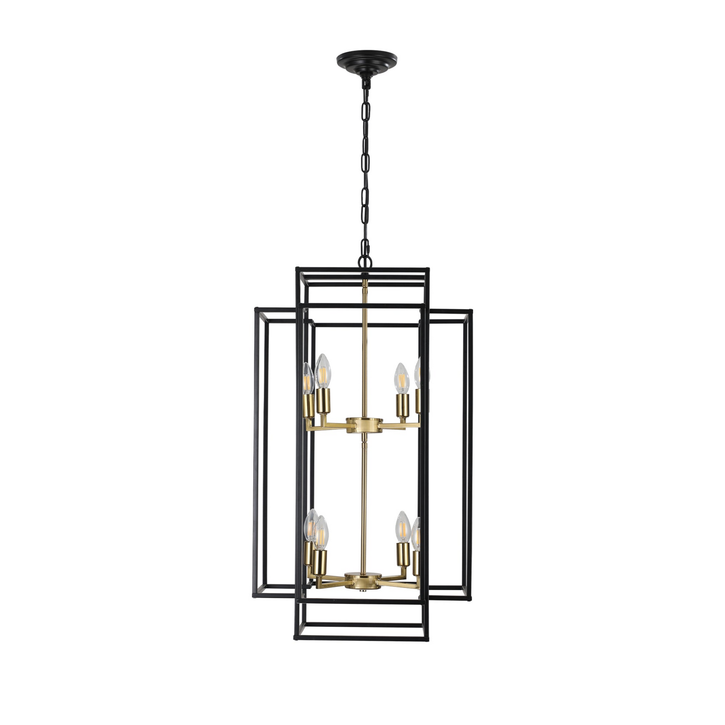 8-Lights Black & Gold Lantern Tiered Pendant Light Fixtures, Industrial Farmhouse Hanging Chandelier (No Bulbs)