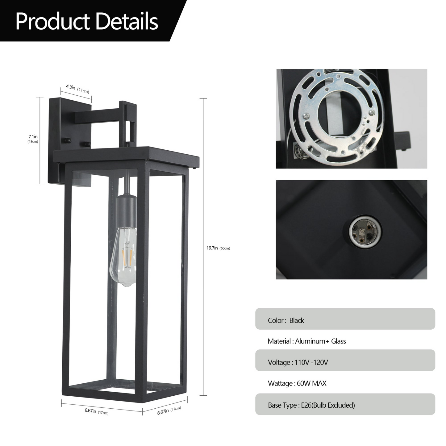 Set of 2 Modern Outdoor Wall Lanterns with Black Metal Frame and Clear Glass, Weatherproof Wall Sconces for Porch, Garage, or Entryway Lighting, E26 Bulb Compatible