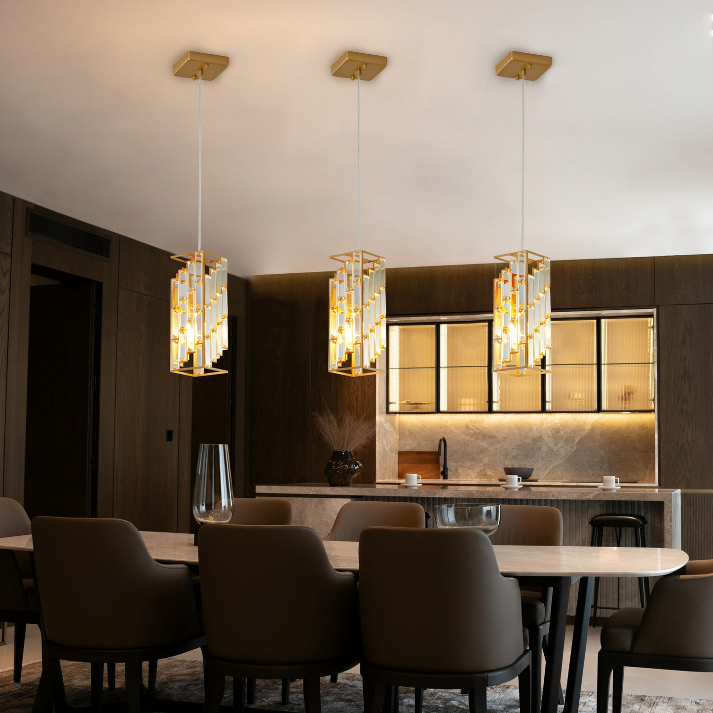 Modern Crystal Pendant Light - 3 Pack, Adjustable Hanging Ceiling Lamp with Crystal Prism Design for Dining Room, Kitchen Island, and Living Room -Golden Finish